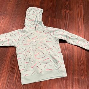 Blue champion sweatshirt with pink and purple logos and pockets girls kids